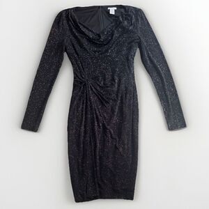 Cache Dress Sz S Black Tina Knowles Cowl Neck LongSleeve Gathered Ruched Stretch